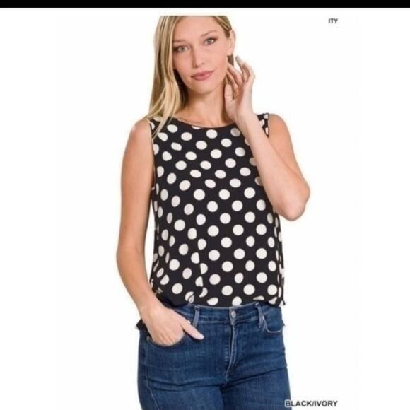 Black/Ivory Polka Dot Sleeveless Tunic Top For Women - Picture 4 of 4